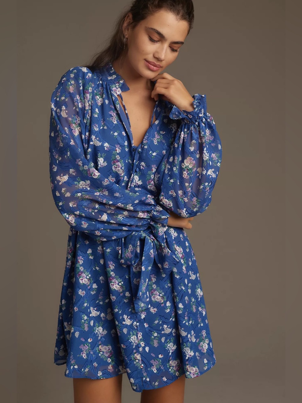 Endless Rose XS Blue Floral Chiffon Long Sleeve Dress
